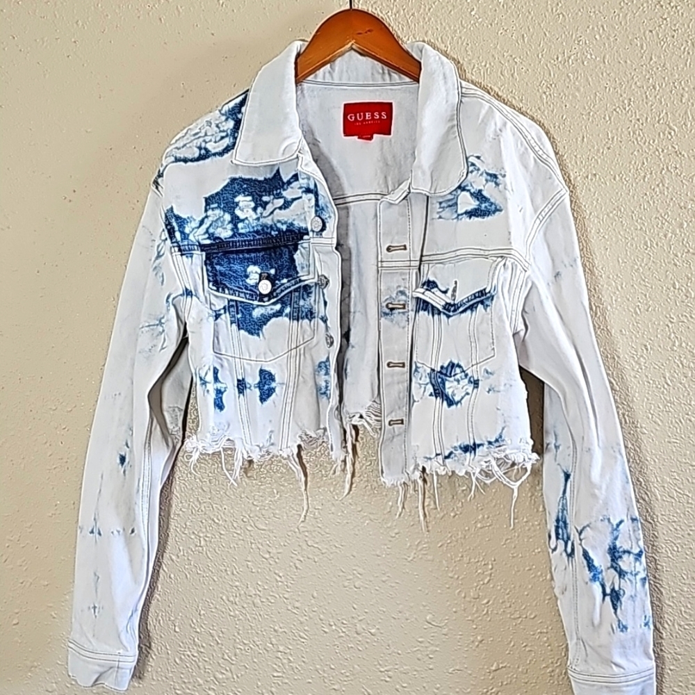 Guess White and Blue Tie-Dye Cropped Denim Jacket